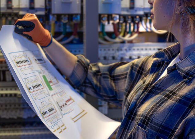 A woman electrician holds printed schematics and cross checks them against power modules and wiring in a cabinet. Blue lighting sets a careful mood of quality control and safe verification.